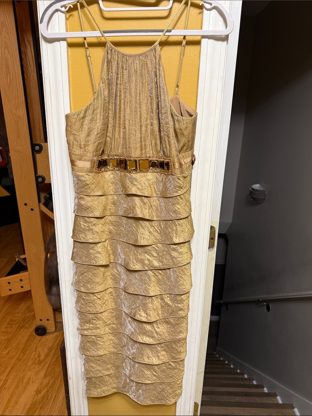 Adrianna Papell Metallic Gold Tiered Ruffle Cocktail Midi Dress w/ Beaded Waist